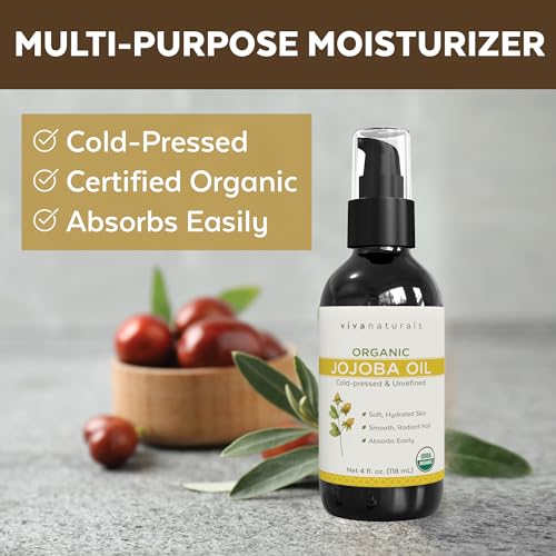 Viva Naturals Organic Jojoba Oil - Pure Cold-Pressed for Skin and Hair, USDA Certified Face Moisturizer, 4 fl. oz