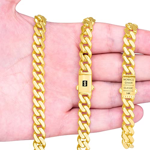 Nuragold 14k Real Yellow Gold Royal Monaco Miami Cuban Link Chain Necklace - 9mm,22"