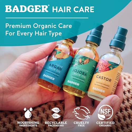 Badger Organic Argan Hair Oil, Restore a Healthy Shine to Dry Brittle Hair, Organic Moroccan Argan Oil Hair Moisturizer/Hair Serum, 2 fl oz Glass Bottle