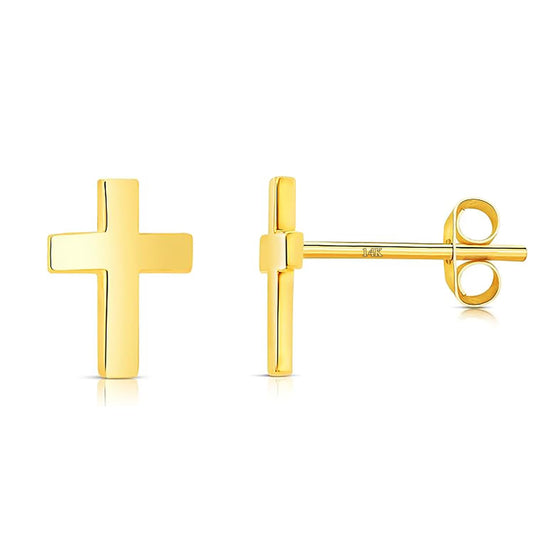 14k Solid Gold Small Polished Tiny Flat Plain Mini Cross Stud Earrings (5mm, Yellow Gold)