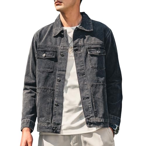 ZVX Denim Jacket for Men Vintage Autumn and Winter Tops Men Lightweight Denim Jacket Dark Gray X-Large
