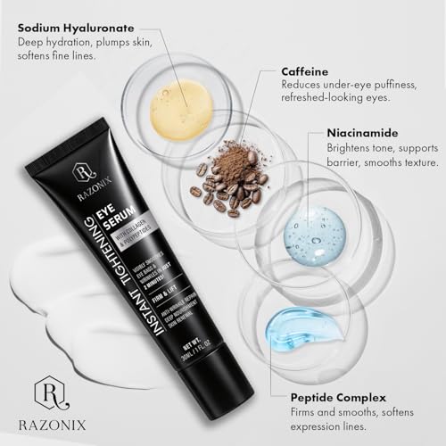 RAZONIX Instant Eye Tightening and Lifting Serum for Under Eye Bags, Puffiness, Dark Circles, and Hooded, Droopy Eyelids, with Caffeine and Hyaluronic Acid for Women & Men