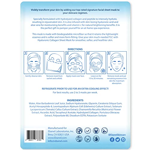 Ebanel 20-Pack Collagen Face Mask with Hyaluronic Acid, Vitamin C, Peptide