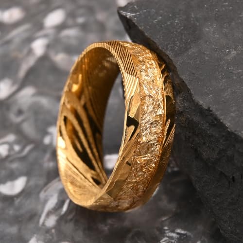 Concept Knight Gold Damascus Steel Rings for Men Hammered Mens Wedding Band