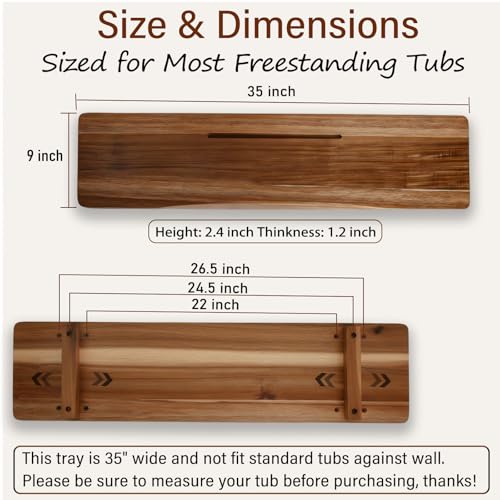 Acacia Wood Bathtub Tray Caddy, 35" L Adjustable for Freestanding Tub
