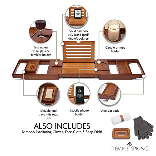 Temple Spring Bamboo Bathtub Tray Caddy for Tub — Expandable Wood Bath Tray with Solid Book Stand Wine Holder and Non-Slip Pads — Includes Bamboo Soap Dish and Spa Accessories — Luxury Bath Gift Set