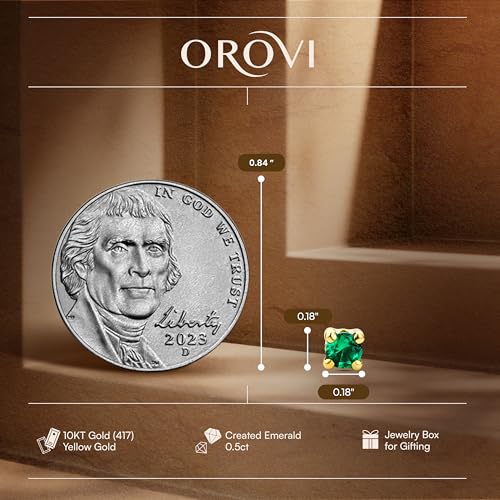 Orovi Gold Stud Earrings for Women 10k 417 Yellow Gold with 0.44ct Green Emerald Gemstones 0.17Inch Square Shape Design Post and Butterfly Back Closure Delivered in Jewelry Box
