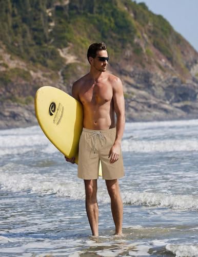 Ekouaer Mens Swim Trunks 7 Inch Quick Dry Board Shorts Swimwear Bathing Suits with Mesh Liner 2 in 1 Surf Swimming Short with Pockets Light Brown Khaki Medium