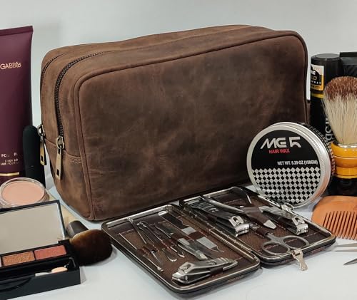 Leather Travel Toiletry Bag for Men, Full Grain Cosmetic Dopp Kit Organizer
