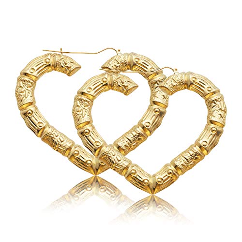 LoveBling 10k Yellow Gold Heart Shaped Bamboo Hoop Earrings (2.90" x 2.40")