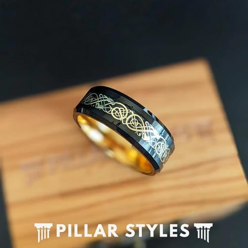 Pillar Styles 14K Gold Celtic Rings for Men Wedding Bands Black Viking Ring with Beveled Edges 8mm Tungsten Rings with Irish Inlay Unique Couples for Him