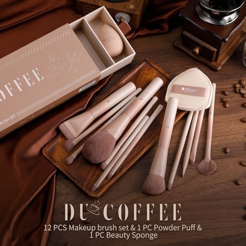 DUcare 14pcs Makeup Gift Set,12Pcs Coffee Series Makeup Brush set with 2pcs Makeup Sponges Foundation Blending Face Powder Blush Eye Shadows Brushes