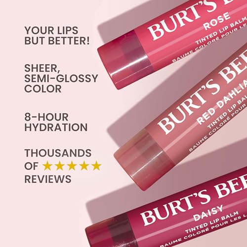 Burts Bees Tinted Lip Balm Value Pack, Includes Red Dahlia, Daisy and Rose, 8 Hour Moisture, Provides a Hint of Color, Nourishing Shea Butter, 100 Percent Natural Origin, 0.15 oz., Three Tubes