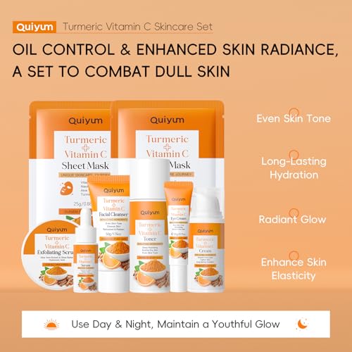QUIYUM Turmeric Vit-C Skin Care Set, 7PCS Facial Skincare Routine for Women