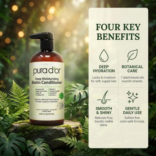 PURA D'OR Deep Moisturizing Biotin Hair Regrwoth Conditioner Thickens, Softens, & Moisturizes Dry, Frizzy, Damaged Hair w/Argan Oil, Pumpkin, Rosemary, Honeysuckle, Vitamin E, Men & Women, 16oz