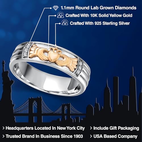 Gem Stone King White Lab Grown Diamond Irish Claddagh Ring | 925 Silver and 10K Yellow Gold | Friendship Love Marriage Celtic Lucky Jewelry Birthday Promise Ring | Size 10