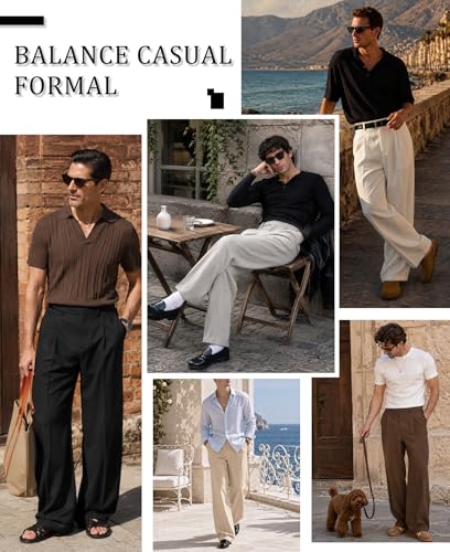 Susclude Wide Leg Dress Pants Men Pleated Old Money Baggy Casual Pants for Men Relaxed Fit Trousers with Slant Pockets Black