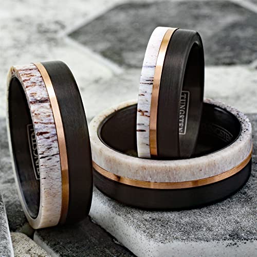 King's Cross Exquisite 8mm Brushed Finish Black Tungsten Carbide Flat Band Ring with Rose Gold Stripe and Raw Speckled White Deer Antler Inlay. (Tungsten (8mm), 11) White/Wood/Horn/Antler/Brown/Tan