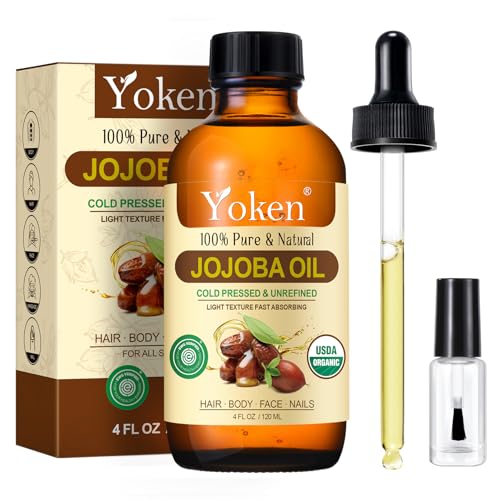 Yoken Organic Jojoba Oil 4oz with dropper, Pure for Nails, Face & Skin Care