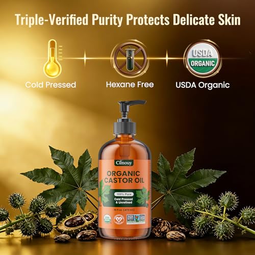 Cimouy USDA Organic Castor Oil Glass Bottle16oz,Vegan,EWG Verified 100%Pure