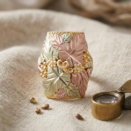 Men's Square with Leaves Ring, 10k Yellow Gold, 12k Green and Roe Gold Black Hill Gold Size 12