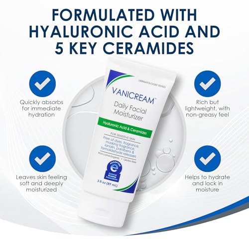 Vanicream Daily Facial Moisturizer, Face Cream with 5 Key Cermides & Hyaluronic Acid, 3 Fl Oz, Formulated Without Common Irritants for Sensitive Skin, Lightweight, Non-Greasy Hydration