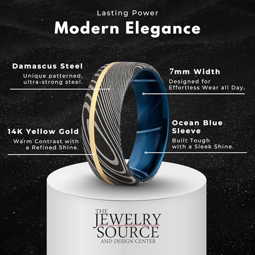 The Jewelry Source Men’s 7mm Damascus Steel Ring with 14K Gold Inlay – Ocean Blue Sleeve (4.5)
