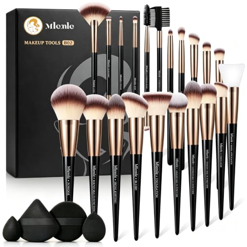 Makeup Brushes Set, Mlemle Professional 25 Pcs Makeup Kit, Include Powder Foundation Concealers Blush Eye shadows 21 Pcs Makeup Brushes and 2 Powder Puff, 2 Makeup Sponge(B02-CreamBlack)