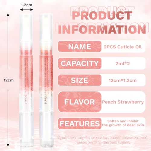 Meschett 2PCS Cuticle Oil Pens for Nail Care, Moisturizing Nail Oil Pen with Soft Brush, Hydrating Cuticle Oil for Dry Nails & Cuticles (Peach & Strawberry Flavors)