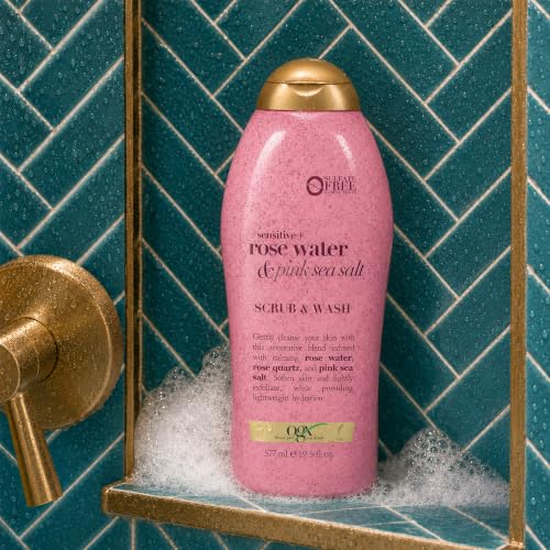 OGX Sensitive + Rose Water & Pink Sea Salt Exfoliating Body Scrub + Rose Quartz, Gentle Exfoliating Daily Body Wash Softens Skin, Body Scrub for Women, Sulfate-Free Surfactants, 19.5 fl oz