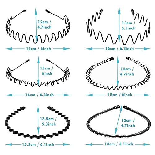 KELUBATU Mens Metal Headband, Classic Wave Hair Band Flexible Grip 6 Pcs