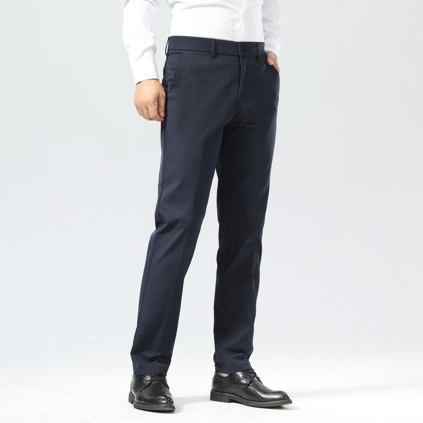 Plaid&Plain Men's Dress Pants Slim Fit Stretch Khaki Pants Wrinkle Free 8802 Navy Blue 32x30