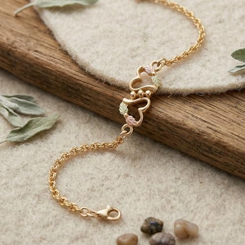 Black Hills Gold Dual Hearts Ankle Bracelet, 10k Yellow Gold with 12k Green and Rose Gold Accents, Tri-Color Heart Anklet for Women, 8.75 Inches