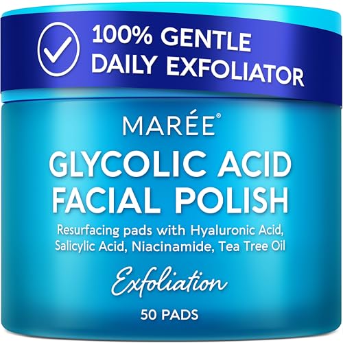 MAREE Glycolic Acid Pads - Toner Pads for Face Cleansing - Exfoliating Pad with Tea Tree Oil, Salicylic Acid & Vitamins E, B3, B5 - Facial Polishes & Peels, Skin Pore Resurfacing & Radiance - 50 Count