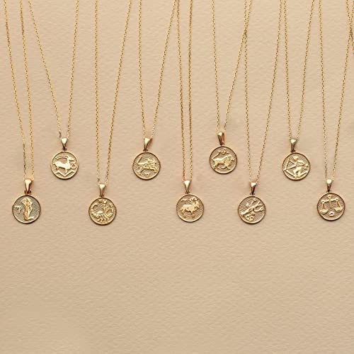 GELIN 14K Gold Leo Zodiac Coin Necklace | 14k Solid Gold Sold Astrology Sign Necklace | Horoscope Jewelry for Women, 18"