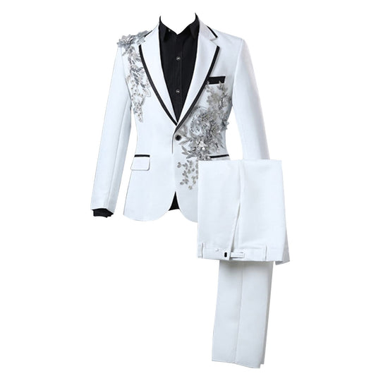 Mens 2 Pieces Luxury Embroidered Suits 1 Button Print Dinner Tuxedo Jacket Prom Wedding Elegant Blazer Dress Suit (Medium,White)