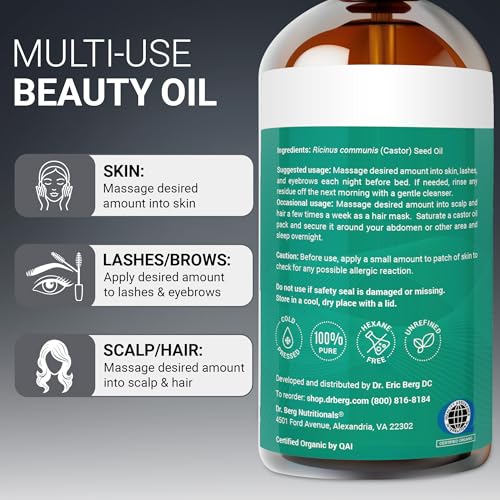 Dr. Berg Organic Castor Oil – 16 fl oz Cold-Pressed Oil – Pure, Unrefined, Single Ingredient – Sourced in India, Bottled in USA – Lab Tested, USDA Organic, Glass Bottle