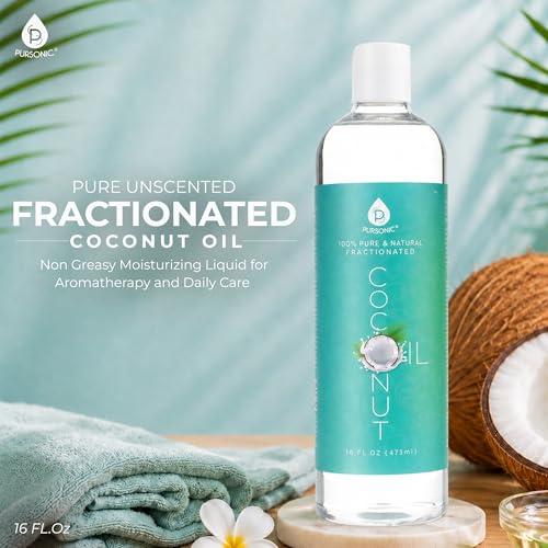 Pursonic Pure Unscented Fractionated Coconut Oil - 16 Oz Multipurpose Oil for Skin, Hair, Body Massage & Makeup Removal - Carrier Oil for Essential Oils and Aromatherapy