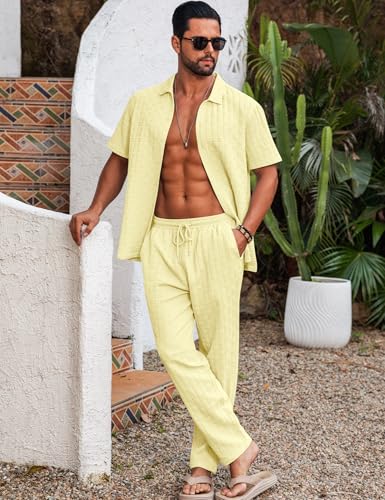LecGee Men Walking Suits Casual Short Sleeve Shirt and Loose Long Pants Tracksuit 2 Piece Set(Yellow,X-Large)