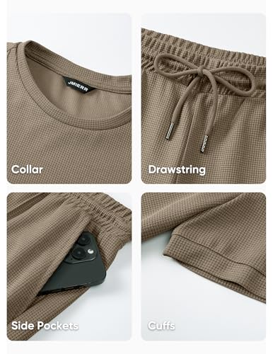 JMIERR 2 Piece Set for Men 2026 Crewneck Drawstring Tracksuit Summer Vacation Athletic Texture Sportwear Suits,S,Khaki