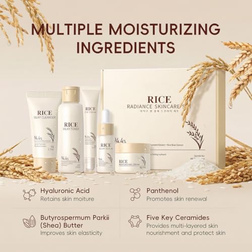 Korean Skin Care Set with Rice, 5-Step Facial Kit for Women