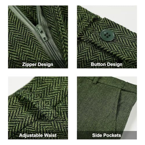 Retro 3 Piece Suit Tweed Herringbone Men's Suits Slim Fit Groom Tuxedos Set Prom Brown Grey Jacket Blazer Vest Pants Green L
