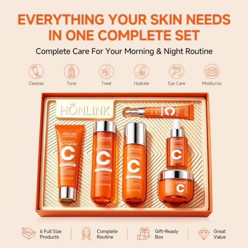 Vitamin C Niacinamide Skincare Set, Daily Facial Care Routine with 6-Piece