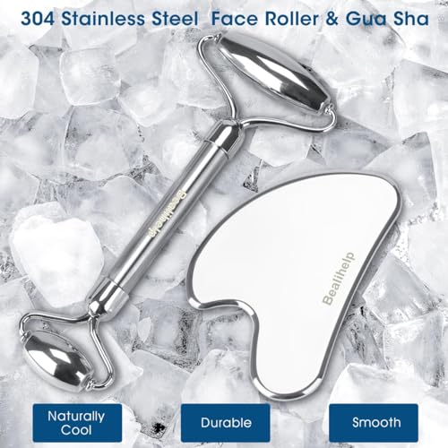 Bealihelp Face Roller and Gua Sha, Stainless Steel Facial Roller and Guasha Tool for Face, Skin Care Roller for Wrinkles and Lifting, Improve Puffiness, Metal Face Massager for Eyes, Neck Tighten