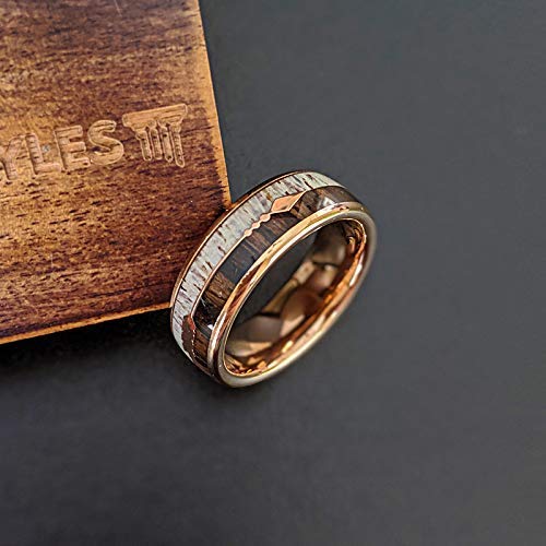 Rose Gold Ring Mens Wedding Band Arrow Deer Antler and Koa Wood Ring for Him Rustic Wood and Tungsten Rings for Men with Antler Inlay