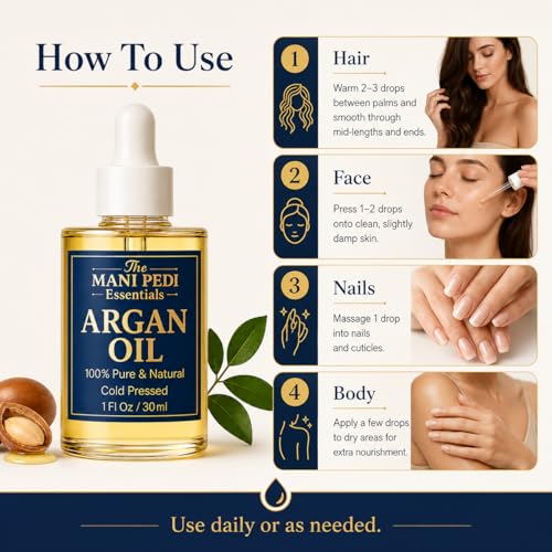 The Mani Pedi Essentials TMPE Argan Oil, Cold Pressed Hair and Skin Oil for Dry Hair, Face and Body Moisturizer, 1 Fl Oz
