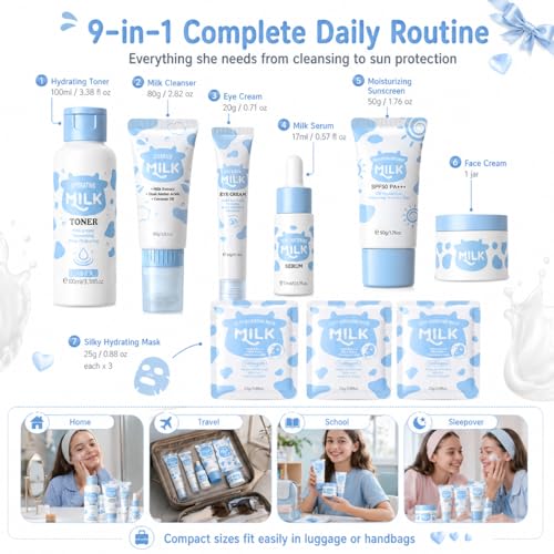 Milk Skincare Set For Women & Girls, Hydrating Milk Skin Care For Teens 10-12, Complete Gift Set Skin Care For Kids, Skincare For Girls 10-12, Self Care Beauty Gift For Her, Mothers Day Gifts Set