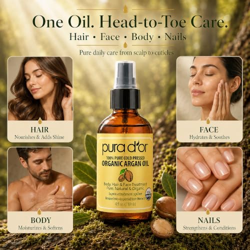 PURA D'OR Moroccan Argan Oil USDA ORGANIC Pure Cold-Pressed Hair & Skin 4oz