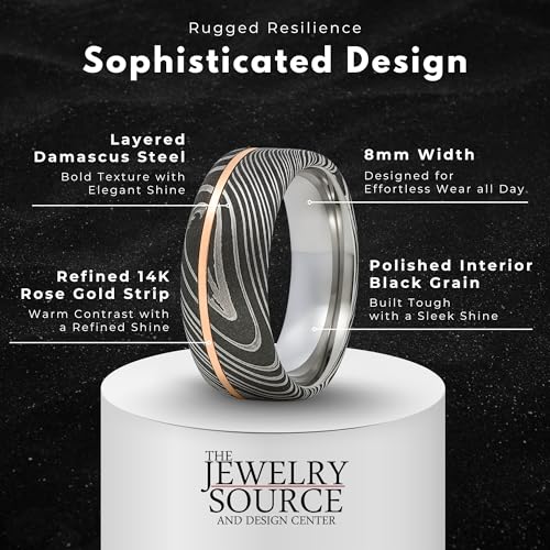 8mm Damascus Steel Men’s Wedding Band – 14K Rose Gold Inlay – Comfort Fit Ring with Polished Interior and Etched Black Grain (9)
