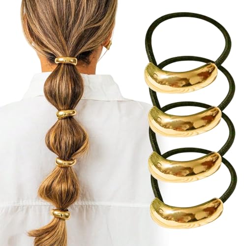 4 Pcs Gold Metal Hair Ties Geometric Elastic Hair Ties, Hair Cuff Wrap Hair Ties for Thick Hair Elastic Hair Ties for Women Hair Accessories